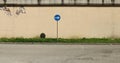 One way arrow traffic sign on sidewalk covered with grass and flowers. Grunge plaster wall and street in front. Royalty Free Stock Photo