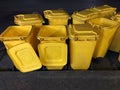 Bins, plastic bin for waste dump, yellow trash, bin garbage yellow many in night time