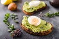 Bio avocado on bread with boiled egg Royalty Free Stock Photo