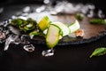 Bio cucumber slices & fresh basil tasty drink Royalty Free Stock Photo