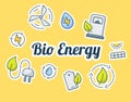 Bio energy lettering around icons package orange isolated background with modern flat color cartoon style Royalty Free Stock Photo
