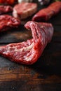 Bio Flank bavette or flap steak beef t steak near tri-tip and top blade oyster cuts close up in front of other cuts in butchery on Royalty Free Stock Photo