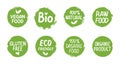 Bio green labels. Organic eco logo set. Vector ecology round banners or stickers Royalty Free Stock Photo