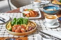 Bio heathy food -Vegetarian falafels and vegetables on a plate, Served table at summer terrace cafe Royalty Free Stock Photo