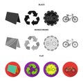Bio label, eco bike, solar panel, recycling sign.Bio and ecology set collection icons in black, flat, monochrome style