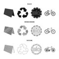 Bio label, eco bike, solar panel, recycling sign.Bio and ecology set collection icons in black,monochrome,outline style Royalty Free Stock Photo