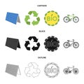 Bio label, eco bike, solar panel, recycling sign.Bio and ecology set collection icons in cartoon,black,outline style Royalty Free Stock Photo