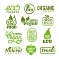 Bio labels set. Eco fresh tag with leaf, organic badges. Nature food emblems, ecology promotion products stickers. Green Royalty Free Stock Photo