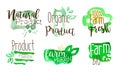 Bio Natural Organic Food Labels Set, Farm Product Green Badges Watercolor Hand Drawn Vector Illustration Royalty Free Stock Photo