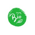 Bio 100 percent tree leaf handwritten green brush circle badge. Design element for packaging design and promotional