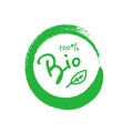 Bio 100 percent tree leaf handwritten green brush stroke badge. Design element for packaging design and promotional