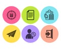 Bio shopping, File and Find user icons set. Calculator target, Paper plane and Exit signs. Leaf, Paper page. Vector