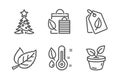 Bio shopping, Leaf and Thermometer icons set. Christmas tree, Bio tags and Leaves signs. Leaf, Nature leaves. Vector