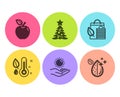 Bio shopping, Sun protection and Thermometer icons set. Christmas tree, Apple and Dirty water signs. Vector Royalty Free Stock Photo