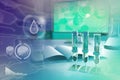 Bio university background or texture, vivid conceptual medical 3D illustration - test tubes and microscope in office Royalty Free Stock Photo