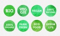 Bio, veggie, farm fresh, vegan, 100 organic and local food product label icon set