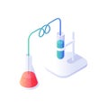 Biochemical distillation of vaccine isometric vector. Test tube with blue liquid in white rack connected laboratory hose Royalty Free Stock Photo