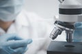biochemical research scientist working with microscope for coronavirus, laboratory glassware containing chemical liquid for design Royalty Free Stock Photo