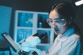 biochemical research scientist working with microscope for coronavirus vaccine development in, Portrait of a Beautiful Female Royalty Free Stock Photo