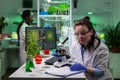 Biochemist doctor woman analyzing gmo plants sample using medical microscope