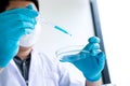 Biochemistry laboratory research, Scientist or medical in lab coat holding test tube with reagent with drop of color liquid over Royalty Free Stock Photo