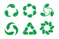 Sustainability icon set. Green arrows and leaves rotating. Recycling symbol group.