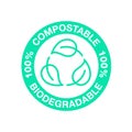 Biodegradable, compostable recyclable icon, bio plastic free pack vector green leaf label. Bio degradable and eco safe, organic