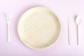 Biodegradable disposable plate, spoon, for and knife on light pink background