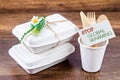 Biodegradable food box with Stop Global Warming tag