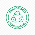 Biodegradable icon or compostable eco plastic, vector leaf label. Bio degradable stamp, green recycle circle symbol, for eco Royalty Free Stock Photo