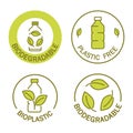 Biodegradable. Icon of plastic bottle with green leaves. Plastic free stamp. Eco friendly compostable material production. Zero