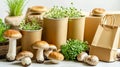 Biodegradable, mycelium based natural packaging in soft light. Eco-friendly cups, bags, and fresh mushrooms. Concept of Royalty Free Stock Photo