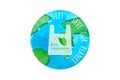 Biodegradable package, planet earth watercolor, Save our planet, ecology concept. Emblem, logo, badge.