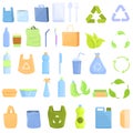 Biodegradable plastic icons set, cartoon style Royalty Free Stock Photo