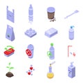 Biodegradable plastic icons set, isometric style