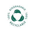 Biodegradable recyclable vector icon. 100 percent bio recyclable and degradable package packet logo. Biodegradable Royalty Free Stock Photo