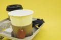Biodegradable recycled cardboard cup tray for four drinks with cardboard cups for hot drinks