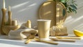 Biodegradable Tableware and Natural Elements in Sunlight disposable eco-friendly Royalty Free Stock Photo