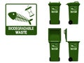 Biodegradable waste icon and bin on transparent background