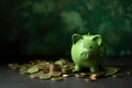 Bioeconomy Green Piggy Bank, golden coins money, Eco friendly sustainability concept