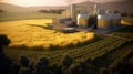 A bioenergy facility with biomass fuel sources, illustrating the conversion of organic materials into sustainable energy