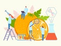 Bioengineering food, genetically modified product vector illustration. Sience organiv research with large orange. People