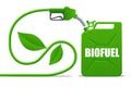 Biofuel barrels with biofuel. Gas pump nozzle and Green jerrycan. Green energy. Save the earth, ecology, alternative