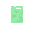 Biofuel canister, green jerrycan with biofuel label logo design. Renewable energy, ustainable development.