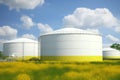 Biofuel storage green ecological biodiesel biogas gasoline gas fuel tanks grain tower green grass meadow factory