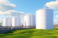 Biofuel storage green ecological biodiesel biogas gasoline gas fuel tanks grain tower green grass meadow factory Royalty Free Stock Photo