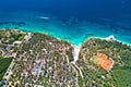 Biograd na Moru idyllic turquoise beach and camp aerial view