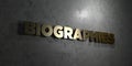 Biographies - Gold text on black background - 3D rendered royalty free stock picture