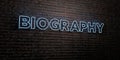 BIOGRAPHY -Realistic Neon Sign on Brick Wall background - 3D rendered royalty free stock image