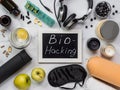 Biohacking flat lay concept. Royalty Free Stock Photo